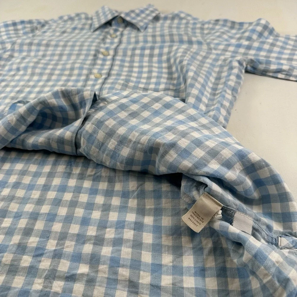 Banana Republic 100% Linen Shirt Men Medium White Blue Gingham Plaid Long Sleeve
